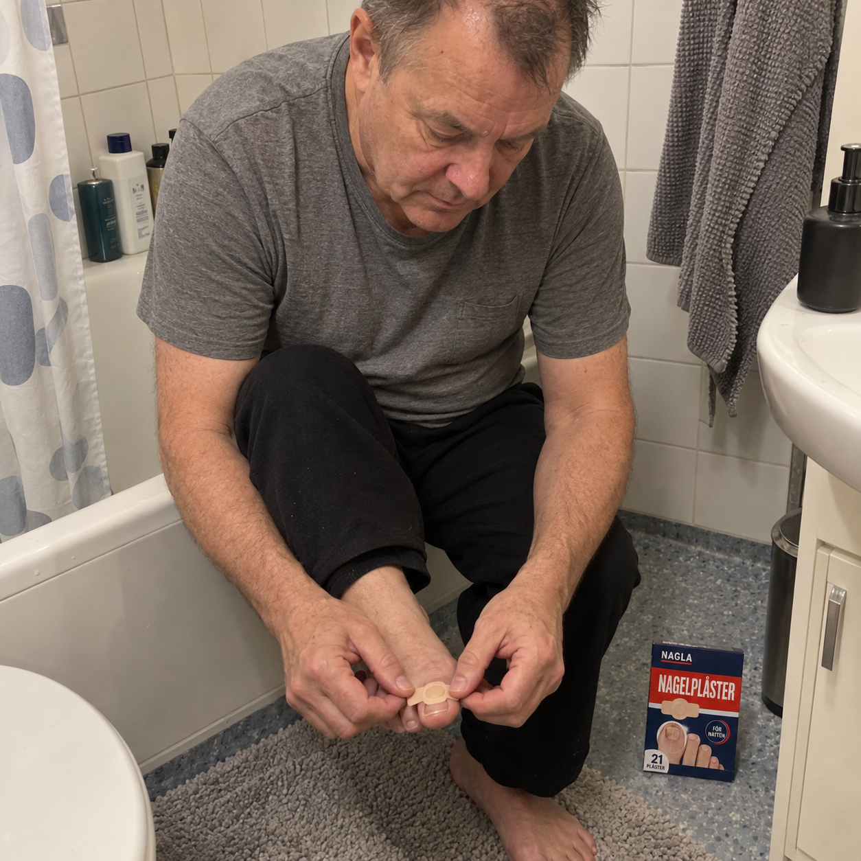 Man i badrummet som sätter på ett NAGLA nagelplåster