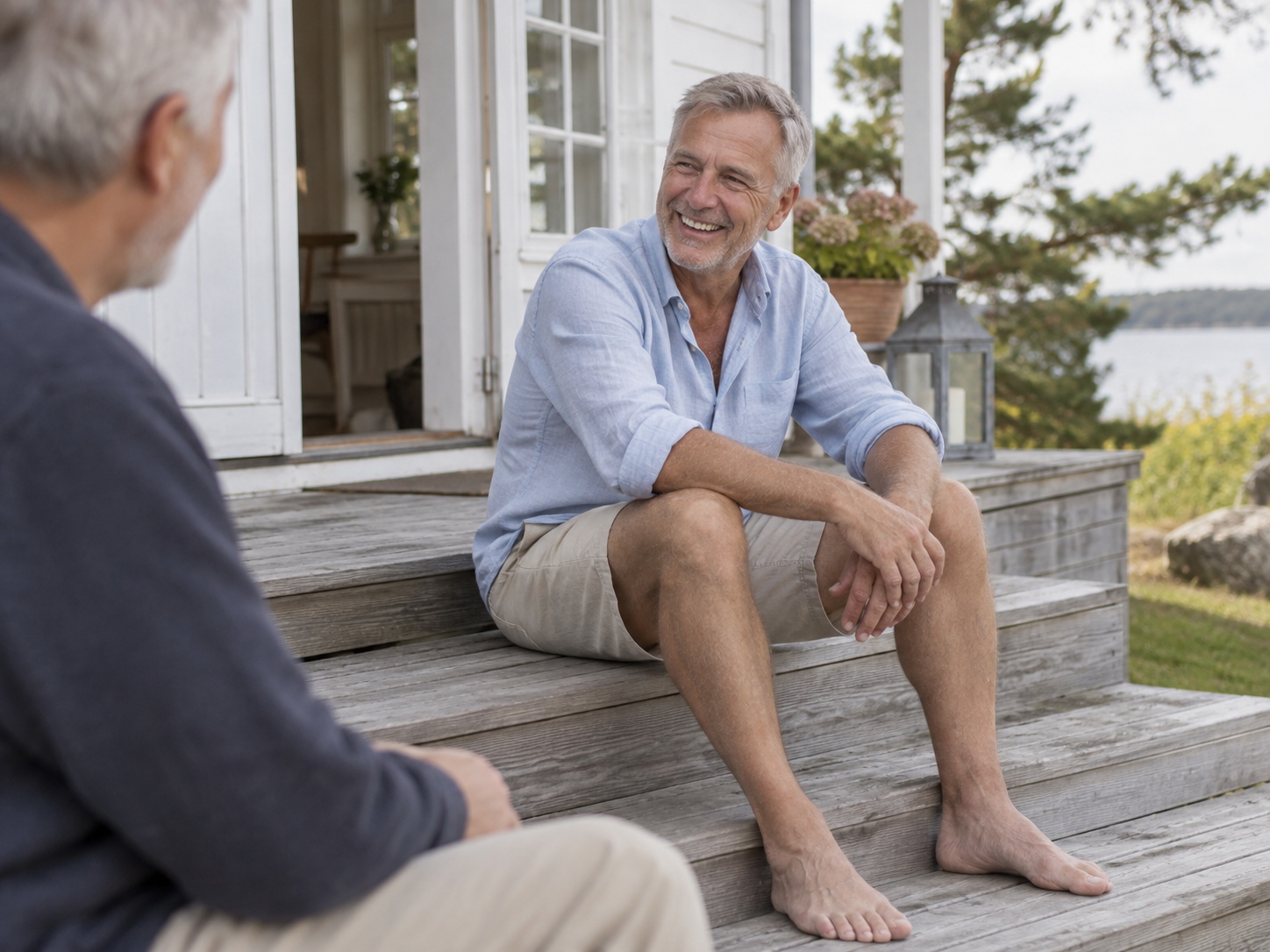 Man som skrattar med en vän på trappan en sommardag