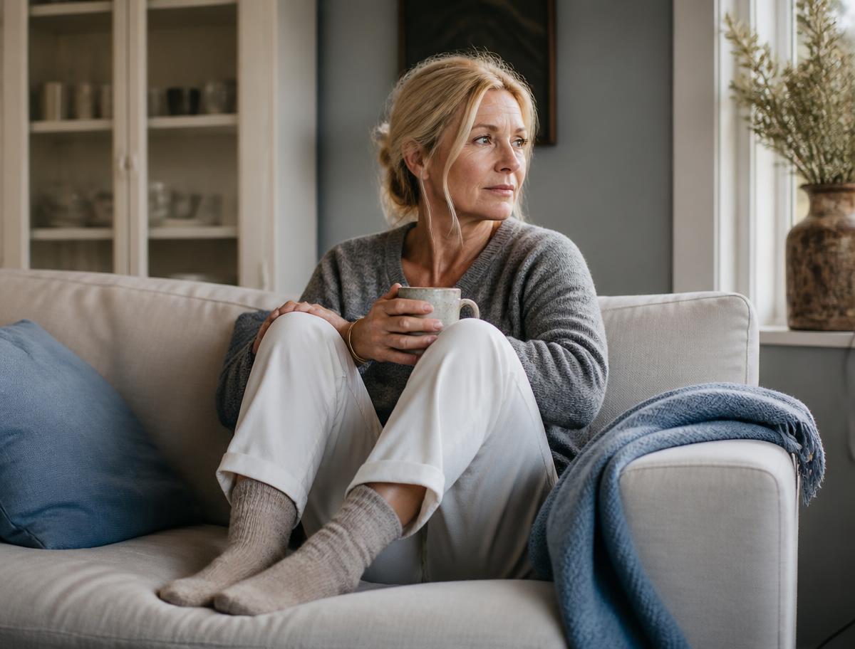 Kvinna hemma i soffan med strumporna på